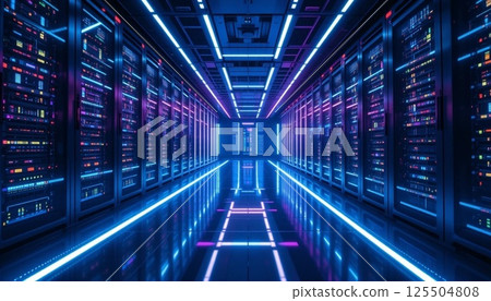 Futuristic Data Stream in Server Room with Neon Light Trails and Digital Technology. 125504808