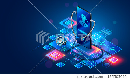 Doctor online consultation concept. Medical technology icons and graphics around phone screen with therapist on chat in messenger, online doctor consultation via internet. Doctor Online Telemedicine. 125505011