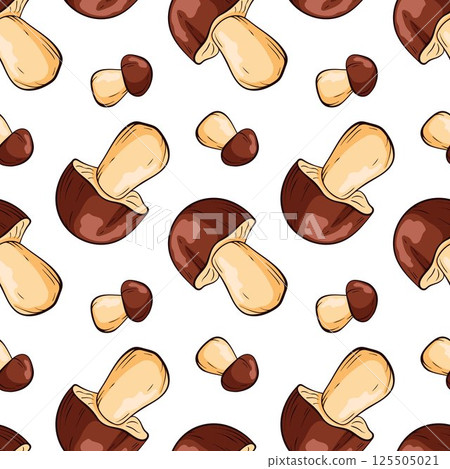 Seamless pattern of mushroom boletus in cartoon style for children textile and decor. Decorative backdrop for wallpaper, textile, wrapping, fabric. Vector illustration. Seamless pattern of mushroom boletus in cartoon style for children textile and decor. Decorative backdrop for wallpaper, textile, wrapping, fabric. Vector illustration. 125505021