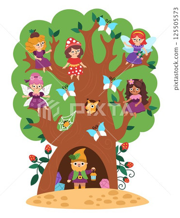 Cute landscape with dwarf and woodland fairies sitting on tree branches. Vector fairyland background. Woodland scenery. Fantasy forest scene illustration. Fairytale world picture with magic creatures Cute landscape with dwarf and woodland fairies sitting on tree branches. Vector fairyland background. Woodland scenery. Fantasy forest scene illustration. Fairytale world picture with magic creatures 125505573
