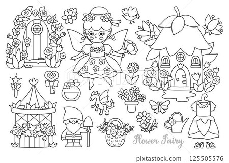 Vector black and white flower fairy clipart set. Cute girl line icons. Woodland garden princess collection. Fantasy, fairytale forest illustrations. Magic creature coloring page with butterfly, dwarf, 125505576