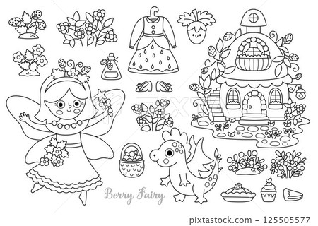 Vector black and white berry fairy clipart set. Cute girl line icons. Woodland princess collection. Fantasy, fairytale forest illustrations. Magic creature coloring page with butterfly, dragon, house, Vector black and white berry fairy clipart set. Cute girl line icons. Woodland princess collection. Fantasy, fairytale forest illustrations. Magic creature coloring page with butterfly, dragon, house, 125505577