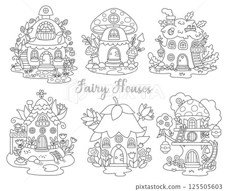 Vector black and white fairy house clipart set. Woodland princess home line icons. Fantasy forest cottages illustration, coloring page. Magic dwelling shaped as flower, mushroom, treehouse Vector black and white fairy house clipart set. Woodland princess home line icons. Fantasy forest cottages illustration, coloring page. Magic dwelling shaped as flower, mushroom, treehouse 125505603