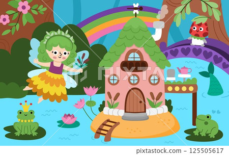 Vector fairyland background with swamp fairy, mermaid house, reeds. Magic land landscape. Woodland scenery with cute princess and rainbow. Fantasy forest scene illustration. Fairytale picture Vector fairyland background with swamp fairy, mermaid house, reeds. Magic land landscape. Woodland scenery with cute princess and rainbow. Fantasy forest scene illustration. Fairytale picture 125505617