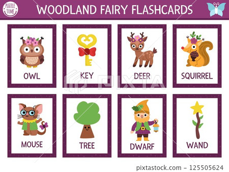 Vector fairyland flash cards set with owl, deer, squirrel, dwarf, tree. English language game for kid. Magic woods flashcards. Fairytale forest nature educational printable worksheet with animals 125505624