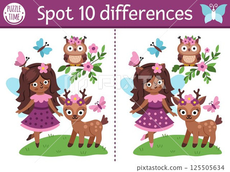 Find differences game for children. Fairyland educational activity with cute fairy and deer. Magic forest puzzle for kids. Fairytale printable worksheet, page for logic, attention with fantasy girl 125505634