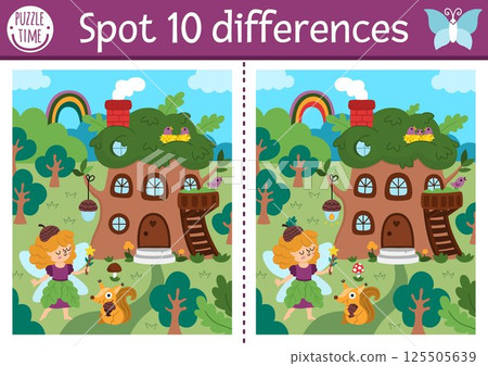 Find differences game for children. Fairyland educational activity with landscape with acorn fairy and tree house. Magic forest puzzle for kids. Fairytale printable worksheet, page with fantasy girl 125505639