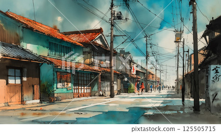 一幅水彩畫描繪了藍色和紅色房屋排列在斜坡上的柔和古老街道景觀 125505715