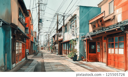 復古城鎮景觀的插圖,有長長的購物街和古老的建築,還有令人印象深刻的藍天 復古城鎮景觀的插圖,有長長的購物街和古老的建築,還有令人印象深刻的藍天 125505726