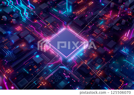 Close-up of modern CPU microchip on a circuit board illuminated by neon lights Close-up of modern CPU microchip on a circuit board illuminated by neon lights 125506070