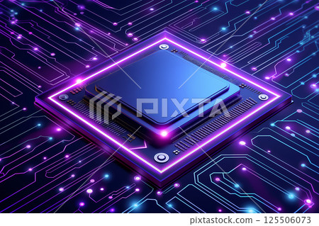 Close-up of modern CPU microchip on a circuit board illuminated by neon lights 125506073
