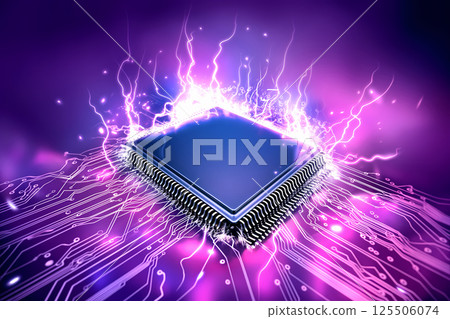 Close-up of modern CPU microchip on a circuit board illuminated by neon lights Close-up of modern CPU microchip on a circuit board illuminated by neon lights 125506074