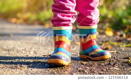 AI image: A child wearing rain boots playing outside after the rain 125506318