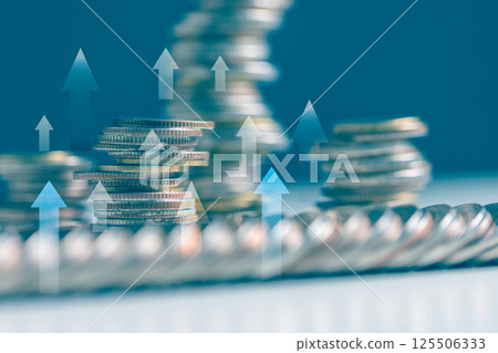 Arrow of financial benefit points towards strong economy, where earnings in form of currency flow steadily through banks, depicted in diagram of thriving financial ecosystem. investment concept 125506333