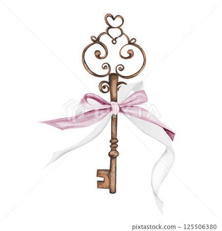 Vintage key watercolor. Hand drawn bronze key with pink bow on isolated white background. Clip art shabby chic. Ideal for posters, postcards and blog design Vintage key watercolor. Hand drawn bronze key with pink bow on isolated white background. Clip art shabby chic. Ideal for posters, postcards and blog design 125506380