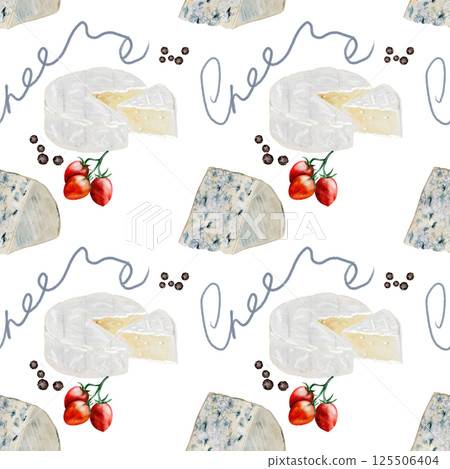 Cheese watercolor pattern. Hand drawn illustration brie, dor blue. Clip art of food on white background. Ideal for packaging of farm organic product or restaurant menu design 125506404