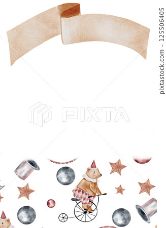 Circus watercolor card. Illustration of a Circus bear riding a bicycle on a tightrope. Hand drawn cute animals on isolated white background. Clip art of a bear in a festive cap, with a collar and 125506405