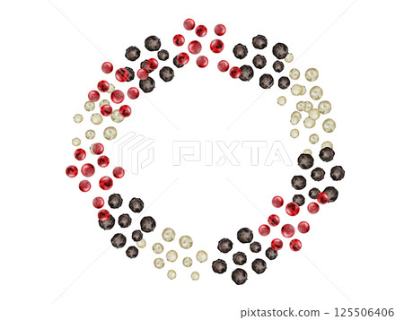 Peppercorns round frame watercolor. Hand drawn dried black, white and pink pepper. Clip art on a white background of hot spices. Ideal for cookbooks, menus and organic product packaging Peppercorns round frame watercolor. Hand drawn dried black, white and pink pepper. Clip art on a white background of hot spices. Ideal for cookbooks, menus and organic product packaging 125506406