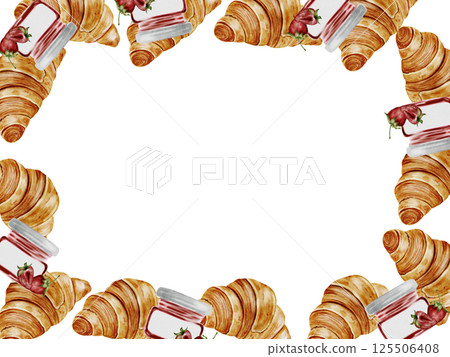 Croissant watercolor frame. Hand drawn illustration fresh french bun with strawberry jam. Food clip art. Ideal for bakery prints, postcards and pastry shop posters. 125506408
