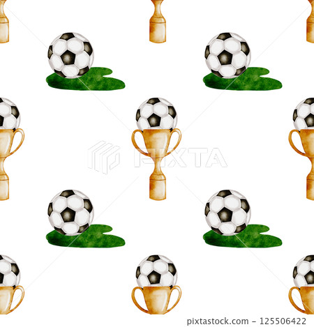 Football watercolor pattern. Seamless pattern of soccer balls, cup and grass on a white background. Ideal for children's and sports textiles, equipment, packaging 125506422