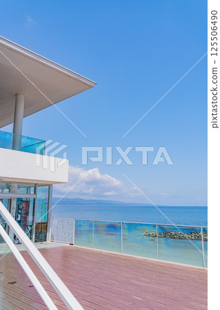 (Toyama Prefecture) A stylish wooden deck exterior at Roadside Station Ameharashi 125506490