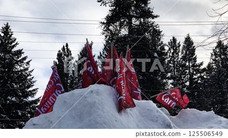 McCall, Idaho, USA - 01.27.2019: Carnival flags in town during snowy weather on Payette Lake. McCall, Idaho, USA - 01.27.2019: Carnival flags in town during snowy weather on Payette Lake. 125506549