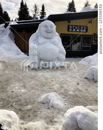 McCall, Idaho, USA - 01.27.2019: Troll snow figure in town during snowy weather on Payette Lake. McCall, Idaho, USA - 01.27.2019: Troll snow figure in town during snowy weather on Payette Lake. 125506550
