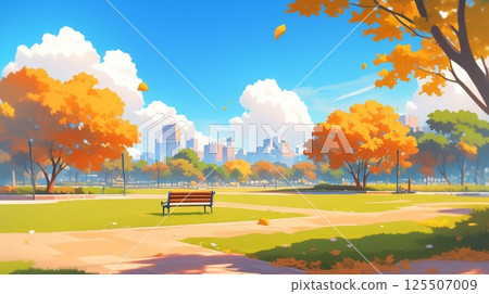 Autumn leaves park bench 125507009