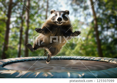Happy badger jumping on a trampoline in the forest, creating a playful and whimsical outdoor scene full of joy and energy Happy badger jumping on a trampoline in the forest, creating a playful and whimsical outdoor scene full of joy and energy 125507099