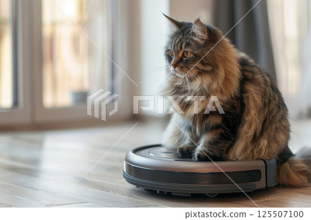 Fluffy cat sitting on a robotic vacuum cleaner in a bright modern home, creating a funny and adorable moment. 125507100