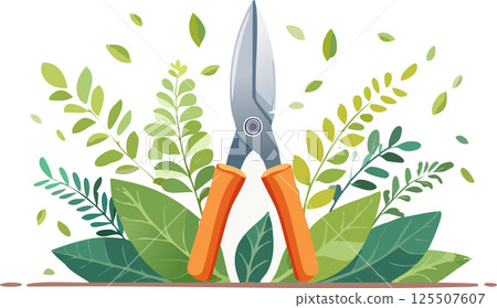 A vector illustration of orange-handled garden shears surrounded by fresh green leaves, symbolizing gardening, nature care, and outdoor lifestyle. 125507607