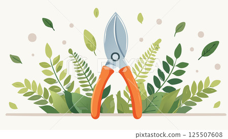 Colorful garden pruners among lush green foliage, evoking feelings of springtime, renewal, and mindful plant care. Perfect for garden, DIY, and eco-friendly projects. 125507608