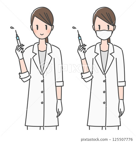 插畫資料：微笑的女醫生/女醫生/女醫生拿著注射器接種疫苗/接種疫苗 125507776