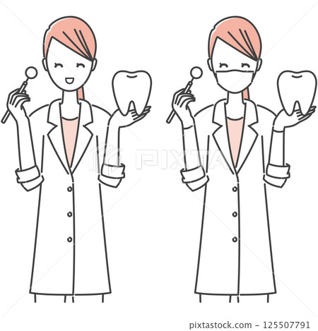 Illustration material: A smiling female dentist in a white coat holding a mirror and a tooth model, dental examination (simple, monotone) Illustration material: A smiling female dentist in a white coat holding a mirror and a tooth model, dental examination (simple, monotone) 125507791