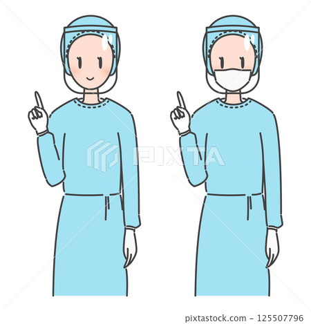 插畫素材：傳染病預防，穿著醫用長袍和麵罩的醫生和女醫生 125507796
