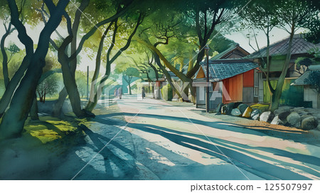An alleyway along the river lined with old Japanese houses and a charming townscape colored by autumn leaves | A watercolor illustration perfect for autumn sightseeing and travel images 125507997