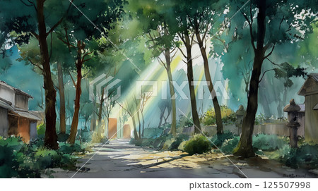 A beautiful roadside scene in Japanese countryside and morning sunlight filtering through the trees | A tranquil landscape illustration created by nature and light A beautiful roadside scene in Japanese countryside and morning sunlight filtering through the trees | A tranquil landscape illustration created by nature and light 125507998