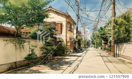 A beautiful roadside scene in Japanese countryside and morning sunlight filtering through the trees | A tranquil landscape illustration created by nature and light 125507999