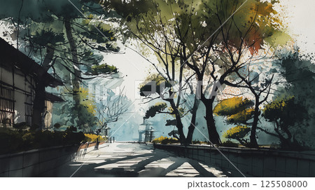 A beautiful roadside scene in Japanese countryside and morning sunlight filtering through the trees | A tranquil landscape illustration created by nature and light A beautiful roadside scene in Japanese countryside and morning sunlight filtering through the trees | A tranquil landscape illustration created by nature and light 125508000