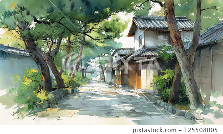 An alleyway along the river lined with old Japanese houses and a charming townscape colored by autumn leaves | A watercolor illustration perfect for autumn sightseeing and travel images 125508005