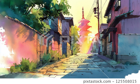 森林中的一條鋪好的路，陽光透過樹木照射進來 |寧靜的風景插畫，光影與自然和諧相處，令人印象深刻 125508015