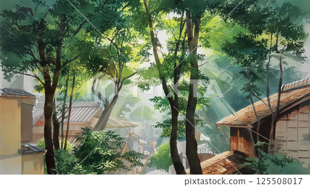 森林中的一條鋪好的路，陽光透過樹木照射進來 |寧靜的風景插畫，光影與自然和諧相處，令人印象深刻 125508017