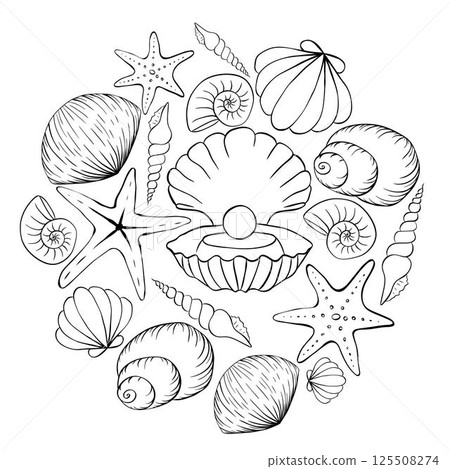 Sea shells scallops and stars circle round composition for logo. poster template in doodle sketchy style. Banner, poster, wrapping paper, sticker, print, modern textile design. Sea shells scallops and stars circle round composition for logo. poster template in doodle sketchy style. Banner, poster, wrapping paper, sticker, print, modern textile design. 125508274