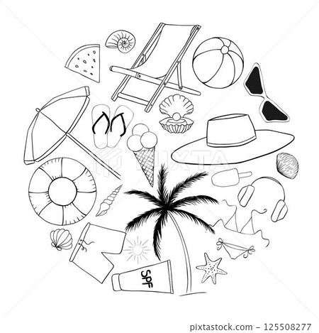 Sea beach essentials circle round composition. Vector graphic line ink illustration. Banner, poster, wrapping paper, sticker, print, modern textile design. Sea beach essentials circle round composition. Vector graphic line ink illustration. Banner, poster, wrapping paper, sticker, print, modern textile design. 125508277
