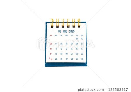 August 2025 blank desk calendar stand on white background. August 2025 blank desk calendar stand on white background. 125508317