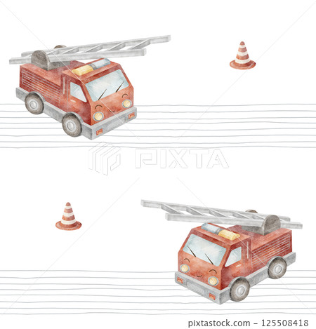 Watercolor pattern fire truck on gray stripes. Illustration children's car hand-drawn in cartoon style. Seamless print city transport background for fabric, baby clothes, textile, packaging, wallpaper Watercolor pattern fire truck on gray stripes. Illustration children's car hand-drawn in cartoon style. Seamless print city transport background for fabric, baby clothes, textile, packaging, wallpaper 125508418