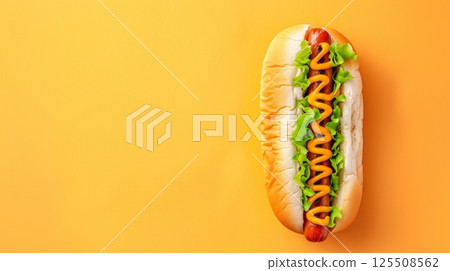 Sandwich hot dog with sausage, bread, lettuce and mayonnaise copy space background 125508562