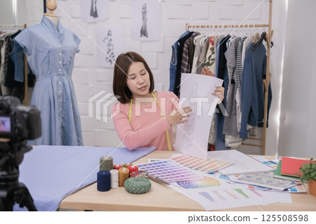 A young designer showcases her fashion sketches in a vibrant studio, surrounded by colorful fabrics and garments. 125508598