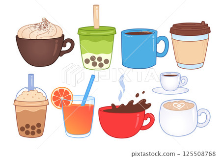 Colorful coffee cups and drinks set Colorful coffee cups and drinks set 125508768