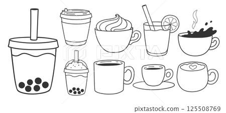 Black and white line art coffee cups set Black and white line art coffee cups set 125508769